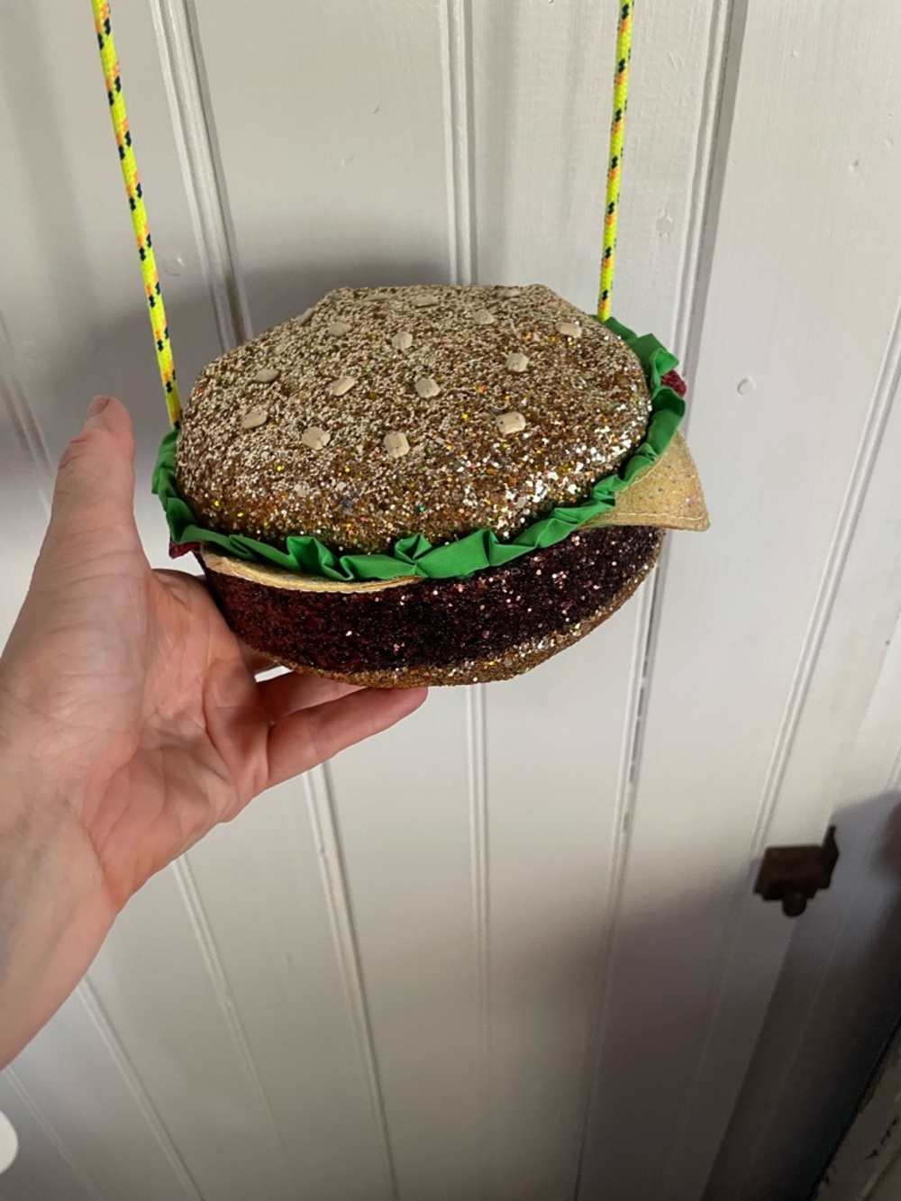 Handmade Glitter Burger Party purse! Gold & Green